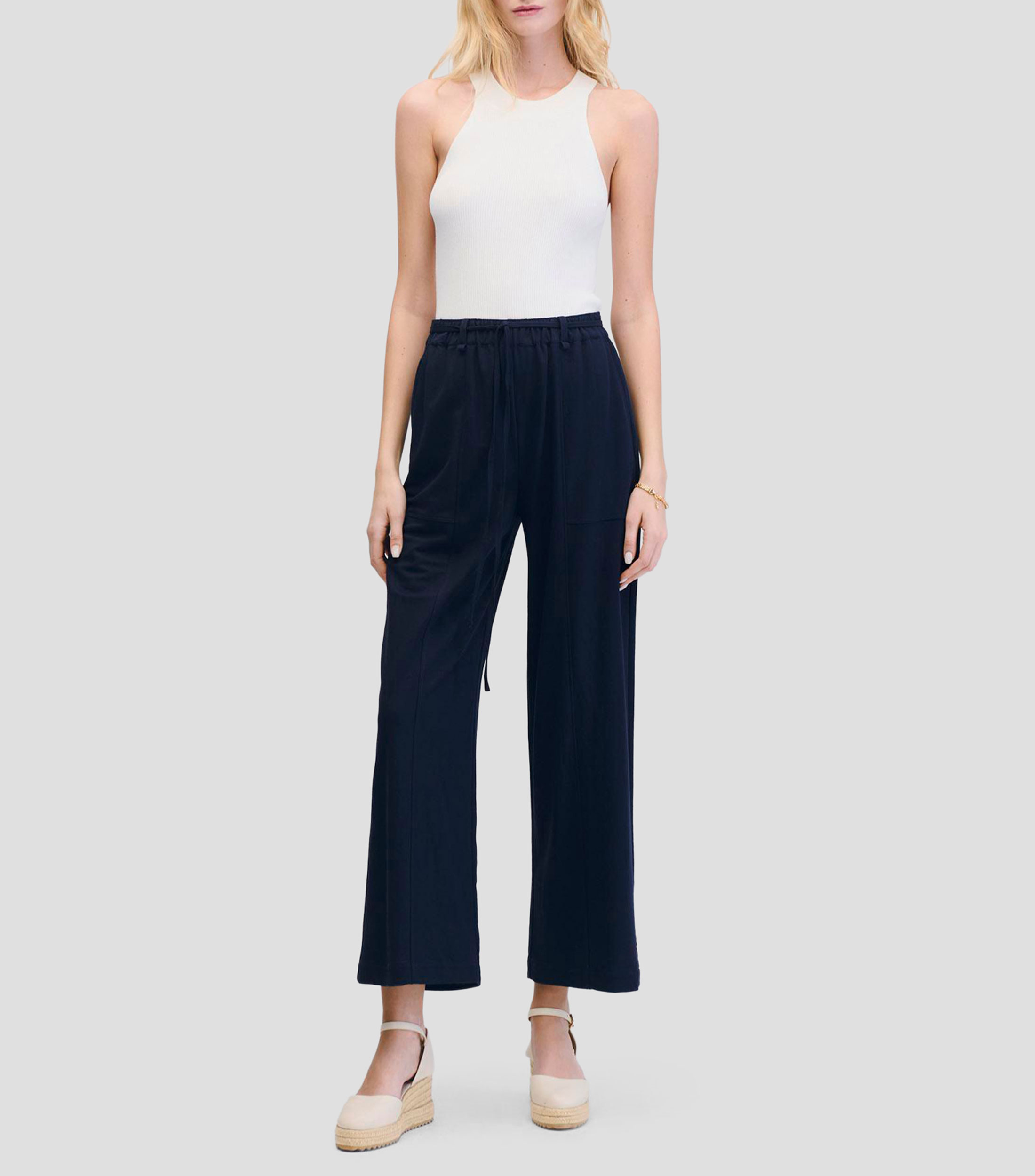Pantalón Wideleg Azul Marino Tiro Pretina Enresortada Con Jaretas Mujer